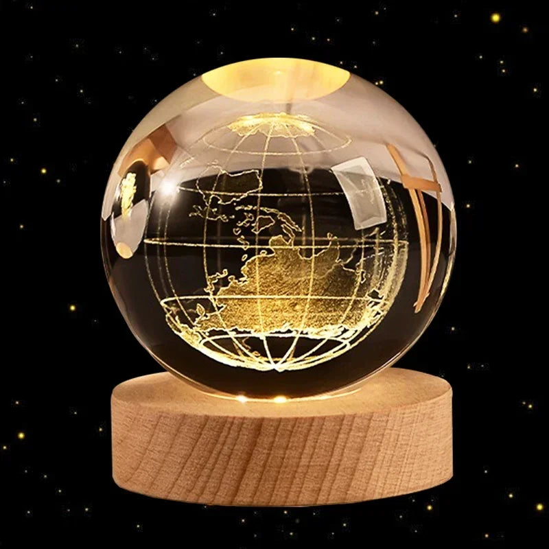 3D Crystal Earth Ball – Glass Planet with Wooden Base