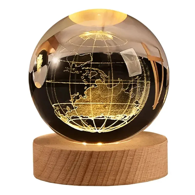 3D Crystal Earth Ball – Glass Planet with Wooden Base